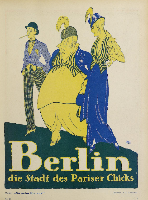 Ein Plakat, das ein Konzert in Berlin, Deutschland, ankündigt, zeigt eine Gruppe von Menschen in bunten Kleidern vor einem Gebäude mit der Aufschrift 'Berlin - Die Stadt des Pariser Chicks' oben.