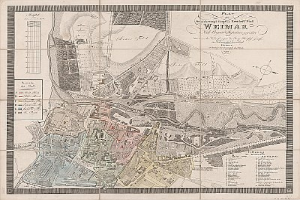 Ein detaillierter alter Stadtplan von Weimar, Deutschland, der Straßen, Gebäude, Sehenswürdigkeiten und Texte zeigt, die Informationen über die Bevölkerung, Sehenswürdigkeiten und Straßen bereitstellen.