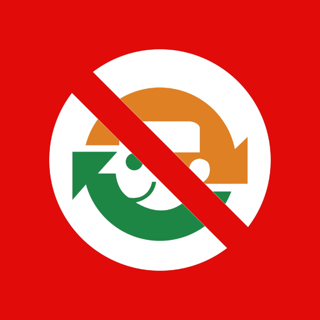 Rotes und weißes "Kein Recycling"-Schild mit einem nach rechts zeigenden Pfeil vor einem weißen Hintergrund.