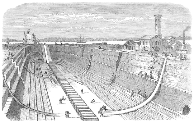 Schwarze und weiße Zeichnung eines großen Damms mit Menschen darauf, umgeben von Gebäuden, Bäumen und einem bewölkten Himmel, mit dem Text "Wasserwerke in den Vereinigten Staaten" unten.