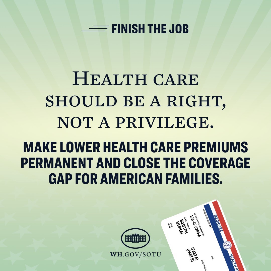 Plakat mit dem Text "Beenden Sie die Arbeit: Gesundheit sollte ein Recht sein, nicht ein Privileg" und einer Karte mit der Aufschrift "Machen Sie niedrigere Gesundheitskosten permanent und schließen Sie die Lücke im Gesundheitsschutz für amerikanische Familien."