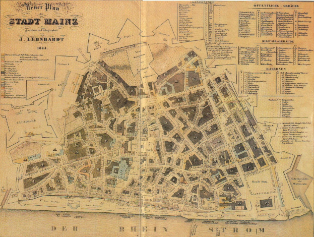 Detailierte alte Karte von Stadt Mainz, Deutschland, zeigt Straße, Geböude und Sehenswürdigkeiten auf altem Papier mit Text.
