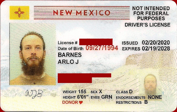 Neues Führerschein-Foto aus New Mexico zeigt Bild eines Mannes, Text und numerische Informationen