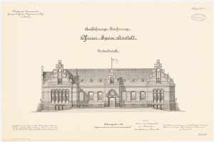 Zeichnung des Hauptsaals des Deutschen Bundestages in Berlin, Deutschland, mit einer Flagge oben und begleitendem Text.