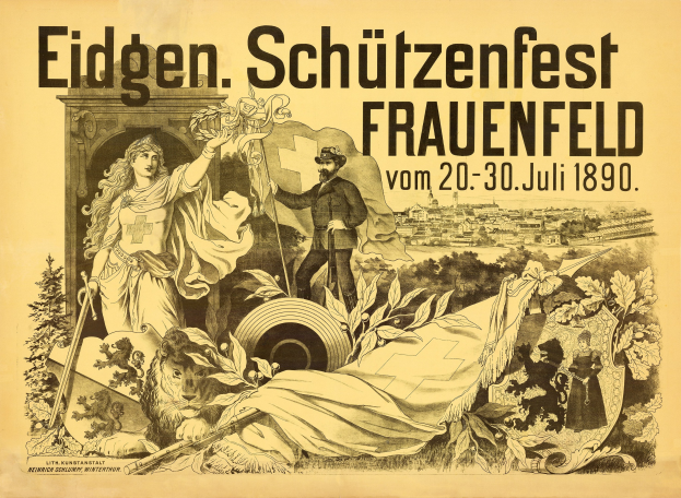 Alter Plakatentwurf für das Eidgen Schützenfest in Frauenfeld, Deutschland, mit einem Mann im Anzug und einer Frau im Kleid nebeneinanderstehend und Ereignisdetails im Text.