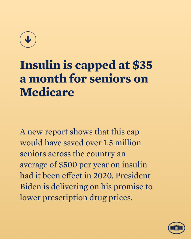 Plakat mit der Aufschrift "Insulin ist auf 35 Dollar pro Monat für Senioren mit Medicare begrenzt" und einem Logo, das wahrscheinlich über die Insulinkosten unter Medicare informiert.