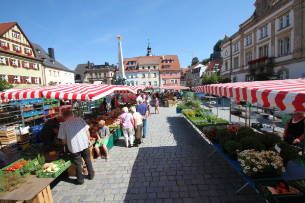 Ein belebter Markt in Heidelbergs Altstadt mit Menschen, die spazieren gehen, auf Bänken sitzen und in der Nähe von Zelten stehen, mit Gemüsekörben auf Tischen und Gebäuden mit Fenstern, Bäumen und einem klaren blauen Himmel im Hintergrund.