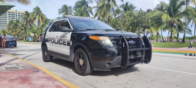 Polizeifahrzeug am Straßenrand mit Menschen, Fahrrädern, Gras, Bäumen, Gebäuden und einem klaren blauen Himmel im Hintergrund.