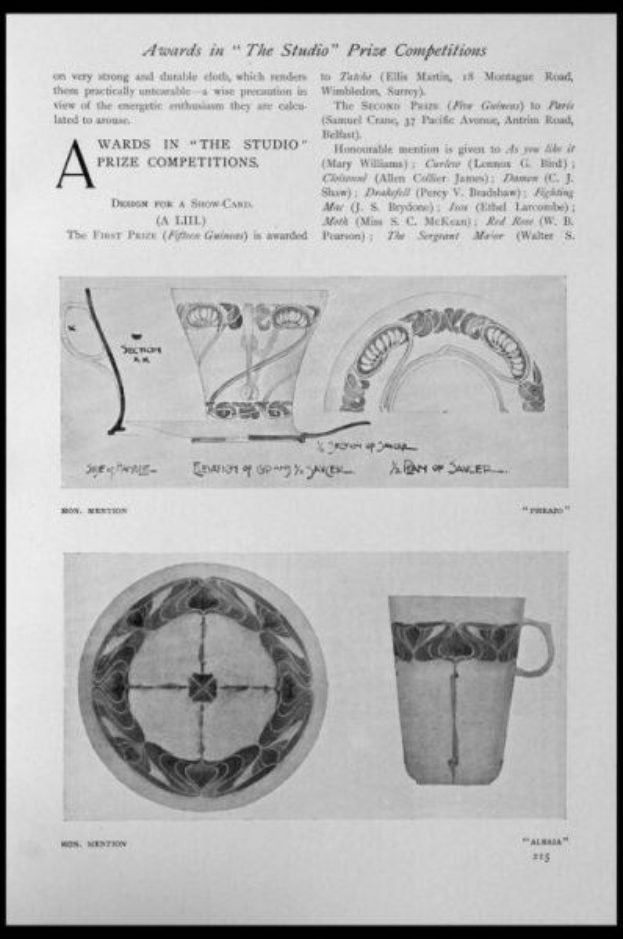 Schwarze und weiße Zeichnung einer Tasse und eines Untersetzers mit einem Design, eingerahmt von einem schwarzen Rand, und Text, der "Awards in the Studio Prize Competitions" auf dem Papier liest.