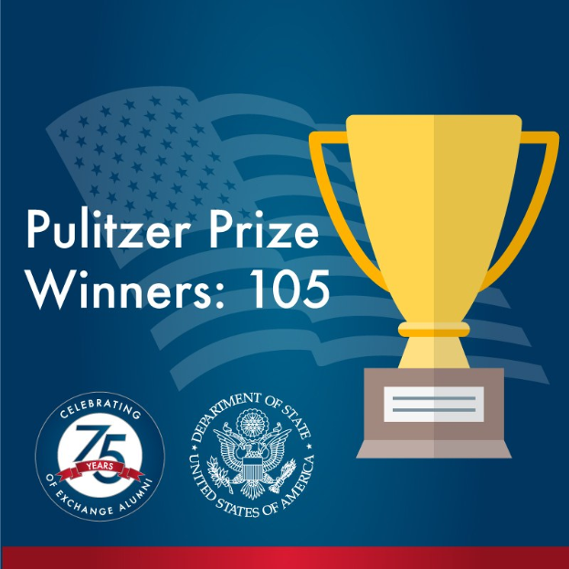 Ein Plakat mit einem zentralen Becher-Symbol umgeben von Text und Logos, mit der Aufschrift "Pulitzer-Preis-Gewinner 105", die die Anerkennung von Errungenschaften anzeigt.