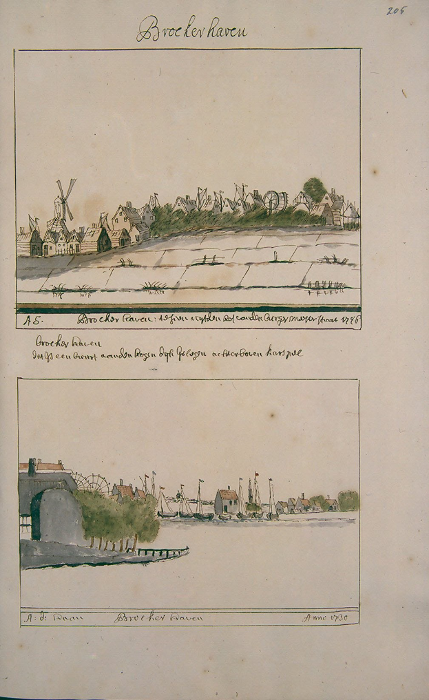 Offenes Buch mit einer handgezeichneten Stadtansicht von Häusern, Bäumen und einer Windmühle, begleitet von Text.