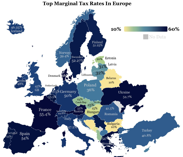 Eine Karte von Europa, die die höchsten Steuersätze nach Ländern anzeigt, mit einer Überschrift, die "Höchste Steuersätze in Europa" lautet.