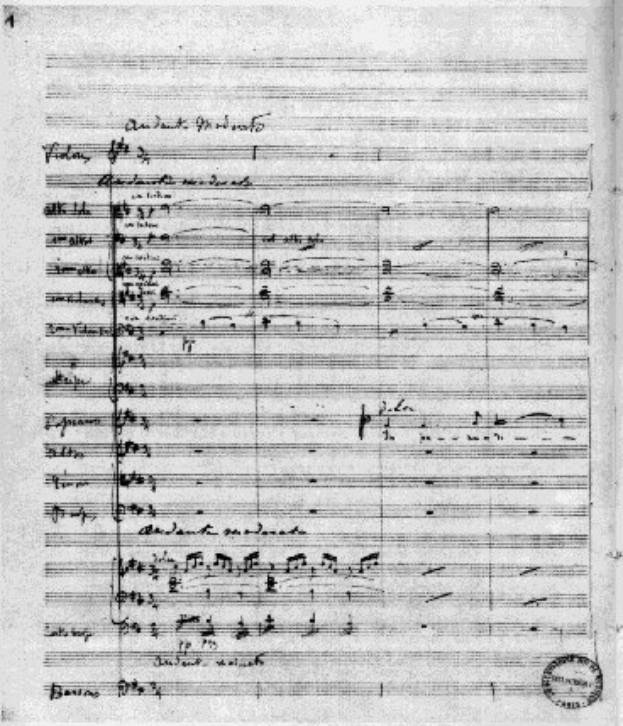 Schwarze und weiße Notenblätter für Johann Sebastian Bachs Symphonie Nr. 4 in G-Dur, Op. 63, mit einem Stempel im rechten unteren Eck, der "Di-Arezzo Co UK" lautet.