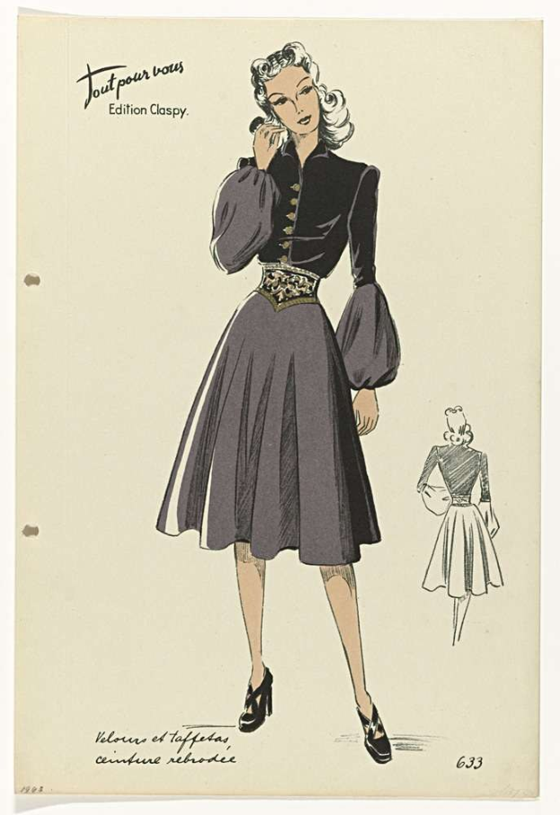 Eine Schwarz-Weiß-Illustration einer Frau in einem hochgeschlossenen Kleid mit langen Ärmeln aus den 1940er-Jahren mit gestyltem Haar und gefalteten Händen, beschriftet mit "Vogue 633" vor einem hellblauen Hintergrund.