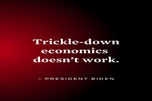 Plakat mit fettem schwarzem Text "Trickle-Down Economics Works Not" auf einem weißen Hintergrund, umrahmt von einem schmalen schwarzen Rand, begleitet von einem Zitat des Präsidenten Biden.