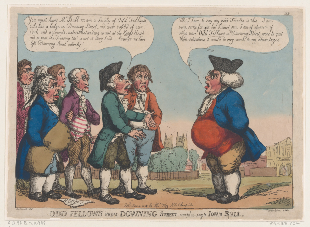 Cartoon darstellend eine Gruppe von Menschen vor einem Gebäude mit Bäumen und Himmel, beschriftet "odd fellows from downing street complaining to John Bull" unten.