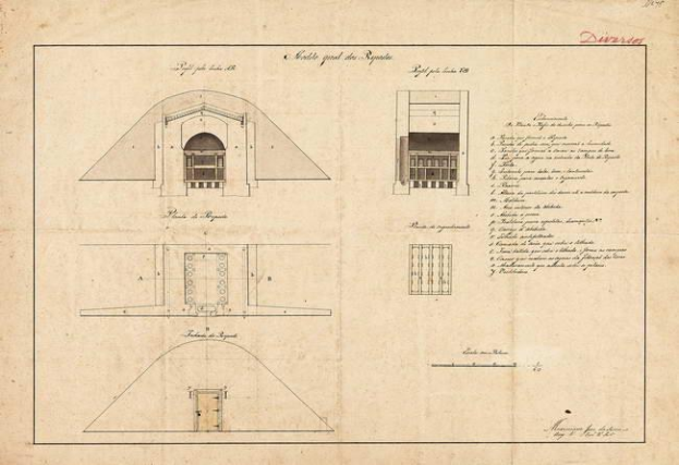 Schwarz-weißer Architekturplan des Duesseldorf-Museums mit einem Gebäude mit zahlreichen Fenstern und einer zentralen Tür, begleitet von detaillierten Anmerkungen und Skizzen.