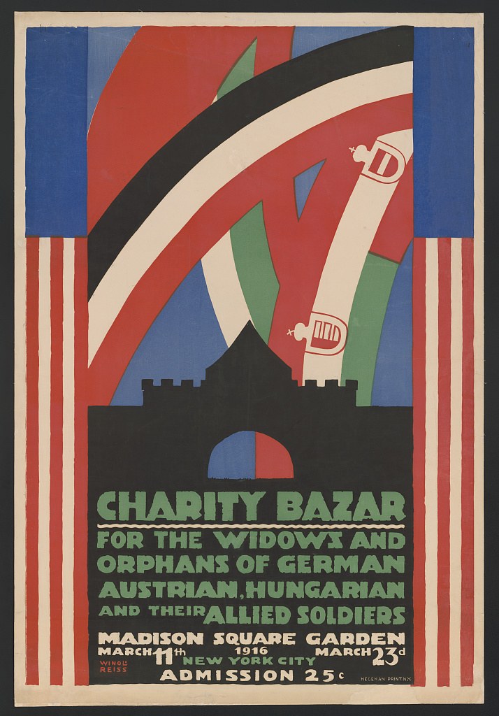 Charity Bazaar Plakat für die Witwen und Waisen deutscher, australischer, ungarischer und alliierter Soldaten mit Text zu den Eventdetails.