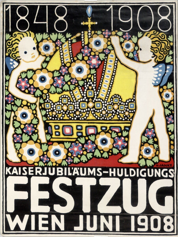 Plakat für ein Festival in Wien, Österreich, mit einem Gemälde von einem Jungen und einem Mädchen nebeneinanderstehend mit ihren Armen umeinander und Text mit Festivaldetails.