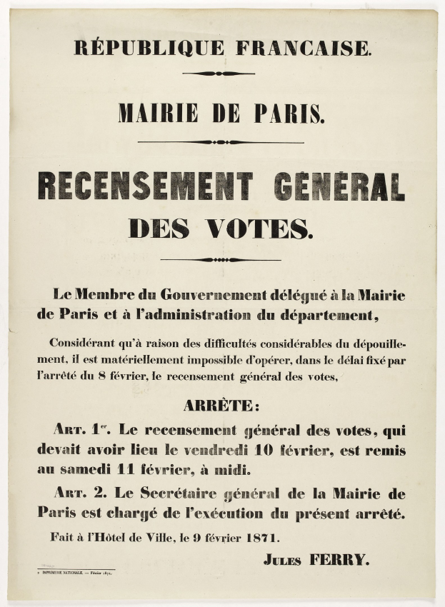 Plakat mit der Aufschrift 'Recensement Général des Votes' im Zusammenhang mit einer allgemeinen Wahl in der Republik Frankreich.