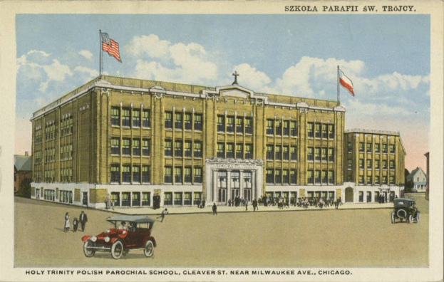 Plakat der Heiligen Dreifaltigkeit Polnische Pfarrschule in Cleveland, Ohio, zeigt ein Gebäude mit Fenstern, Menschen, Fahrzeugen, Flaggen und einen bewölkten Himmel mit Text unten.
