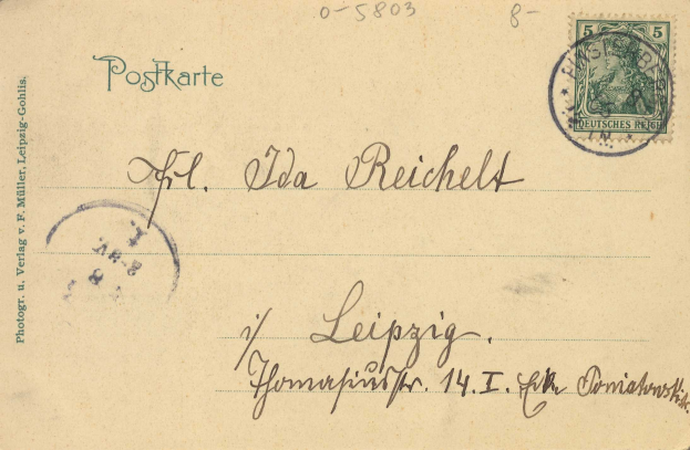 Alte deutsche Postkarte mit einer Briefmarke, die eine Frau auf der rechten Seite und Text auf der linken Seite zeigt, nach Leipzig adressiert.