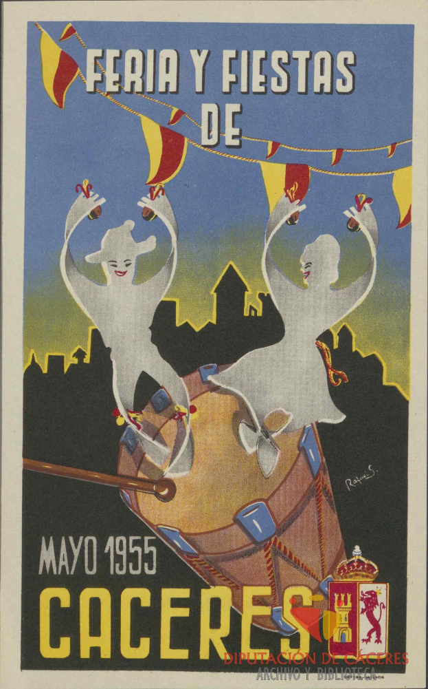 Ein buntes Plakat, das die Karnevalsveranstaltungen "Feria y Fiestas de Caceres" in Cacceres, Spanien, ankündigt, zeigt Menschen in traditioneller Kleidung auf einem hellgelben Hintergrund und weitere Details.