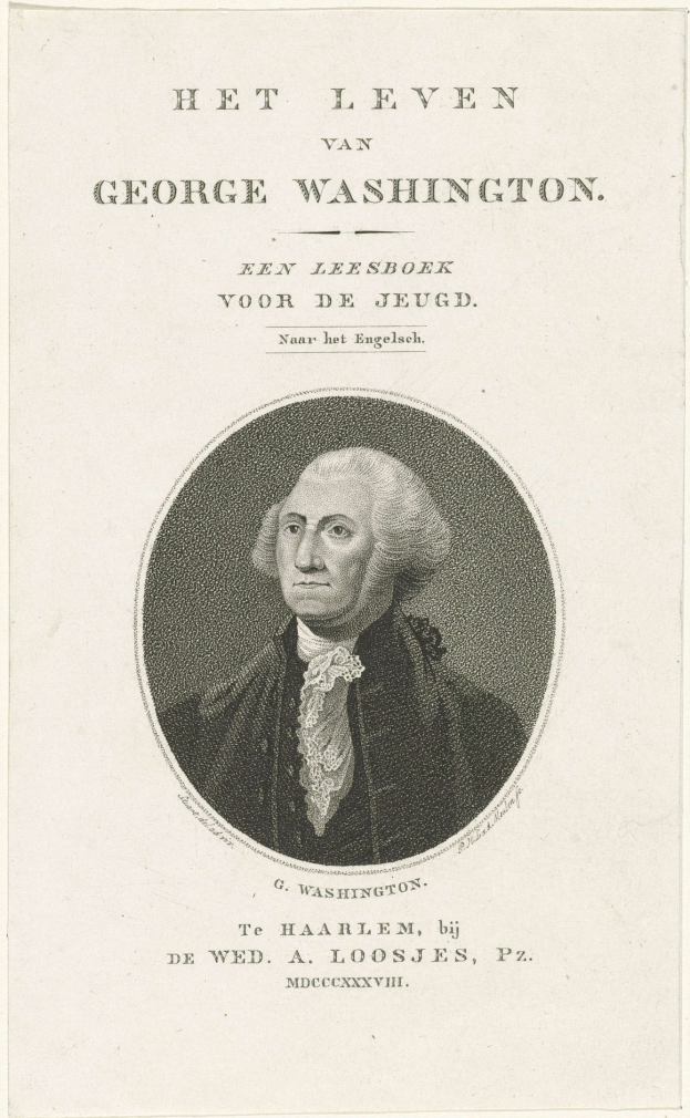 Porträt von George Washington auf Papier mit Text, der nach vorne schaut, mit ernstem Gesichtsausdruck, bekleidet mit Anzug und Krawatte, zurückgekämmtes Haar sichtbar.