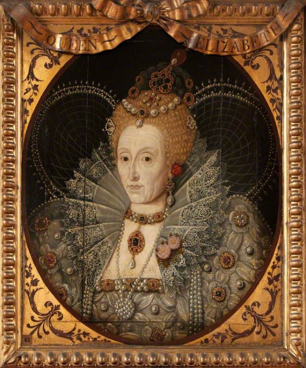 Porträt der Queen Elizabeth I. von England in einem weißen Kleid mit einer blauen Schärpe, die eine Krone trägt und ihre Hände vor sich hält, gemalt im realistischen Stil mit leuchtenden Farben und detaillierten Details.