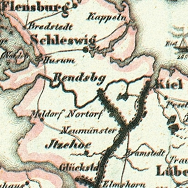 Detailierte alte Karte von Schleswig-Holstein mit Straßen, Gebäuden, Sehenswürdigkeiten und Text mit zusätzlicher Stadtinformation.