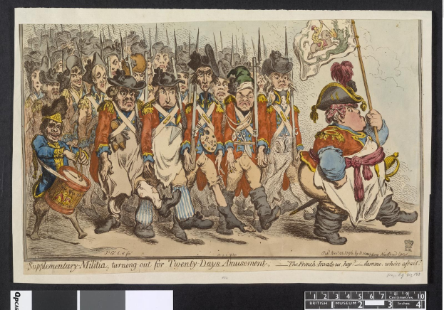 Gruppe von Männern in Militäruniformen, die eine Straße entlangmarschieren, einer hält einen Stock in der Hand, mit Text unten: "Zusätzliche Miliz, für zwanzig Tage Vergnügen herausgekommen."