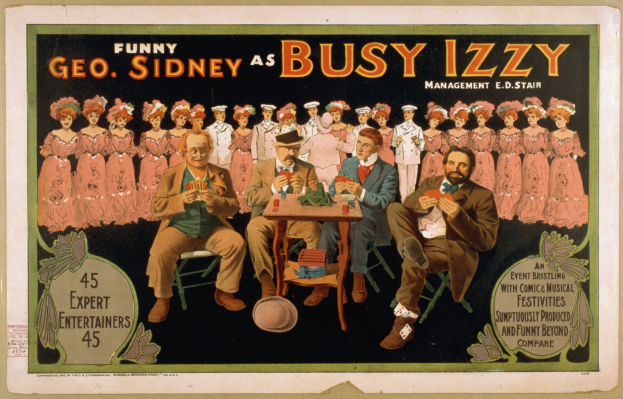 Plakat mit der Aufschrift "Witziger Geo Sidney als Busy Izzy", das eine Gruppe von Menschen an einem Tisch mit verschiedenen Gegenständen zeigt.