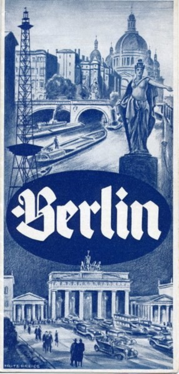 Plakat, das Berlin, Deutschland bewirbt und eine Statue, Gebäude, einen Turm, Menschen, Fahrzeuge auf der Straße und eine Brücke zeigt sowie Text, der Informationen zur Stadt enthält.