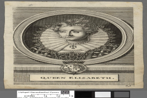 Porträt der Königin Elizabeth I. von England in königlicher Kleidung mit einer Krone und Tiara, ihr Haar zu einem Knoten gebunden, vor einem grauen Hintergrund, seitlich blickend mit einem würdevollen Gesichtsausdruck.