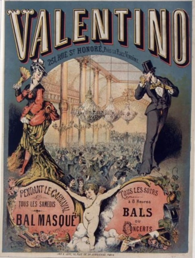 Ein Valentinstagspartyposter in Paris, das einen Mann mit Zylinder und eine Frau in einem langen Kleid zeigt, das nebeneinander steht, mit Veranstaltungseinzelheiten darauf.