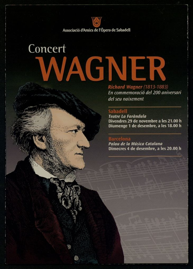 Konzertplakat mit einem zentralen Porträt von Richard Wagner in einem schwarzen Anzug und weißem Hemd, mit zurückgekämmtem Haar und einem ernsten Gesichtsausdruck, vor einem hellblauen Hintergrund mit fetter schwarzer Schrift.