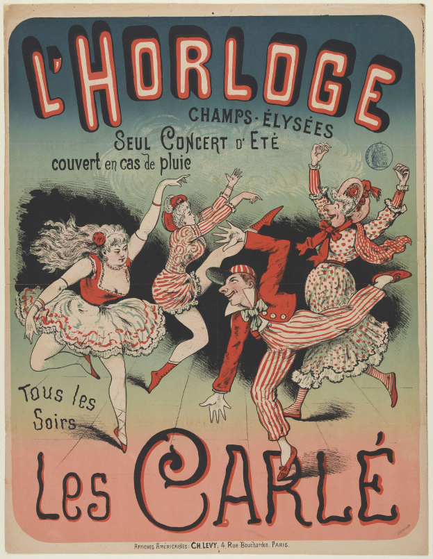 Ein farbenfrohes Konzertplakat für ein Event in der Chorlage in Paris, das fröhlich tanzende Menschen in bunten Kostümen vor einem hellgelben Hintergrund mit fetter Schrift zeigt.