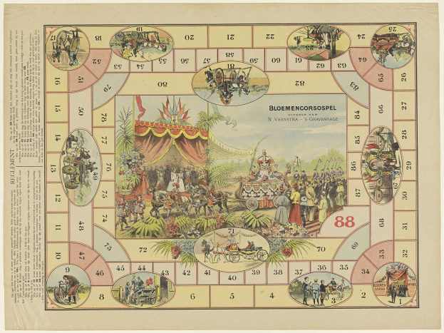 Ein buntes Brettspiel mit einem Zirkusthema und nummerierten Feldern, illustriert mit Menschen, Tieren, Pflanzen, Bäumen und verschiedenen Gegenständen sowie gedrucktem Text.