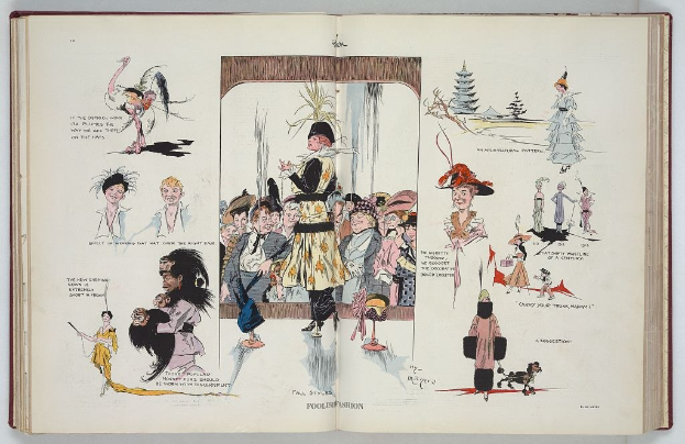 Offenes Buch mit einer Zeichnung einer vielfältigen Gruppe von Menschen in verschiedenen Kleidungsstilen, das auf einer flachen Oberfläche mit sichtbarem Text und Bildern liegt.