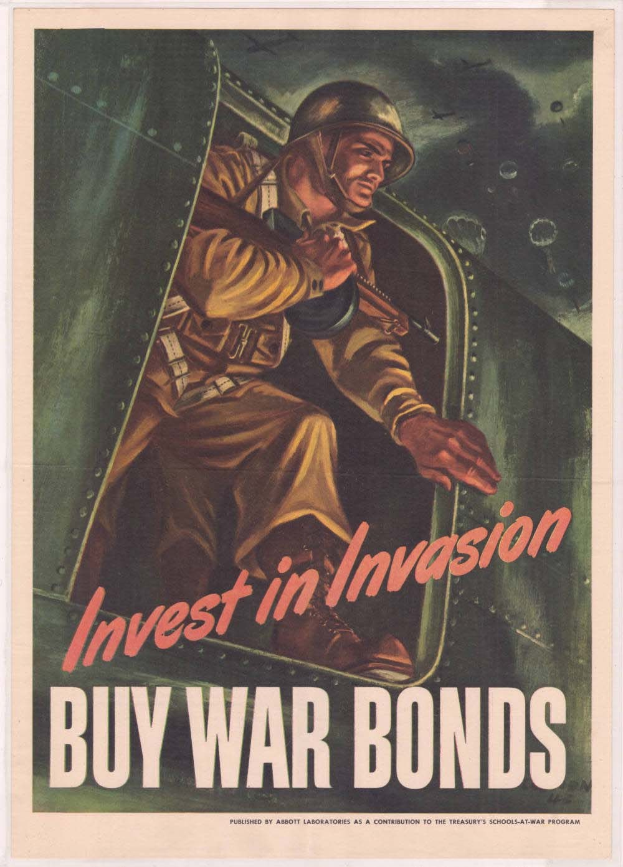 Plakat mit einem Soldaten in Helm und militärischer Uniform, der eine Waffe hält, mit der Aufschrift "Investiere in die Invasion, Kaufe Kriegsanleihen" darüber, das Entschlossenheit vermittelt.
