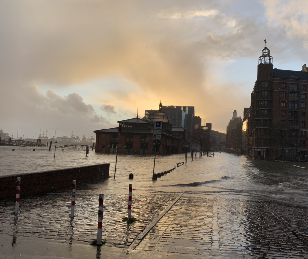 Überschwemmte Straße in Hamburg, Deutschland, mit Wasser auf der Straße, Pfählen, Schildern, Gebäuden und einer Brücke unter einem bewölkten Himmel.