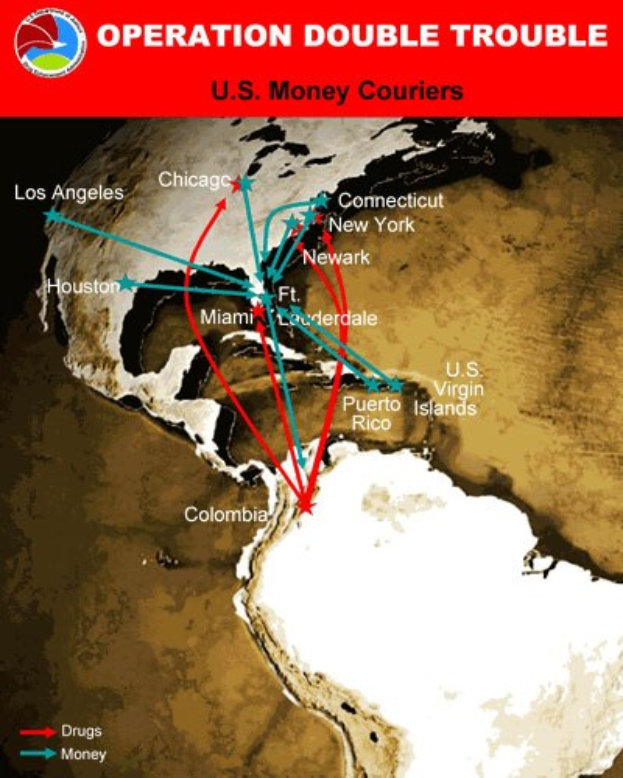 Plakat mit der Aufschrift "Operation Double Trouble: US-Geldkurier" mit einer Karte der USA, die in zwei Abschnitte unterteilt ist: einer zeigt die Route der US-Geldkurier und der andere zeigt die Standorte der Geldkurier.