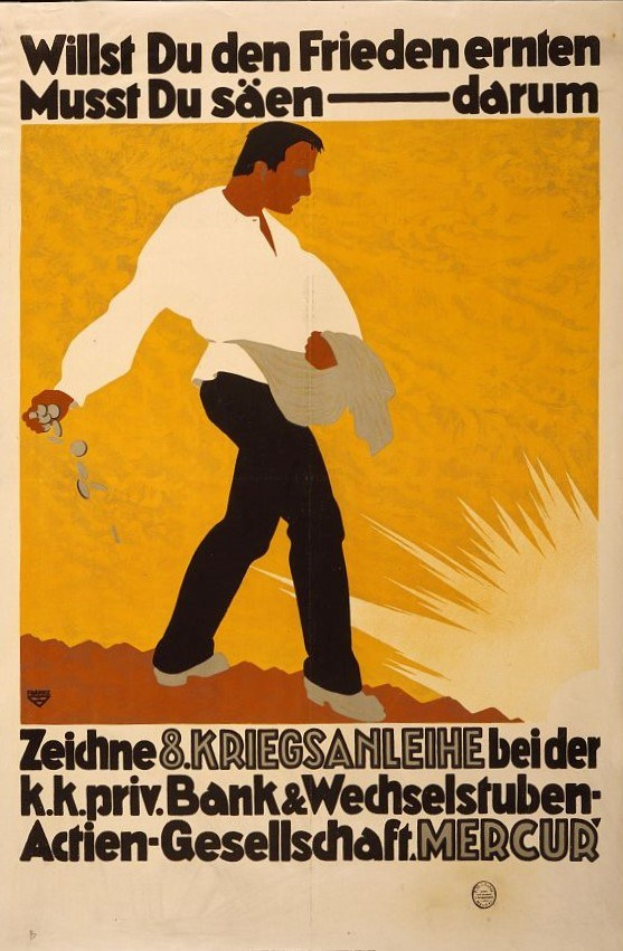 Deutsches Propagandaplakat für die Bank von Deutschland mit einem Mann in einem weißen Hemd und schwarzen Hosen, auf dem Text über die Bank und ihre Dienstleistungen steht.